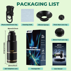 BFVV kit layout showing lens clip, eyecup, caps and cloth for ready-to-use convenience benefit