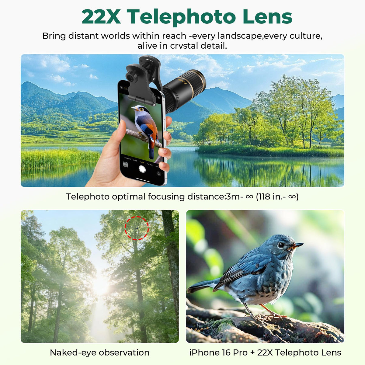 BFVV telephoto side profile with universal clip demonstrating secure phone attachment benefit