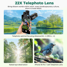 BFVV telephoto side profile with universal clip demonstrating secure phone attachment benefit