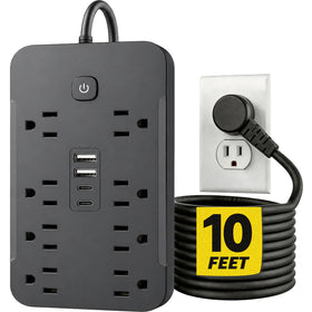 BGUP 10ft surge protector front view showing compact form and clean power ready for your desk