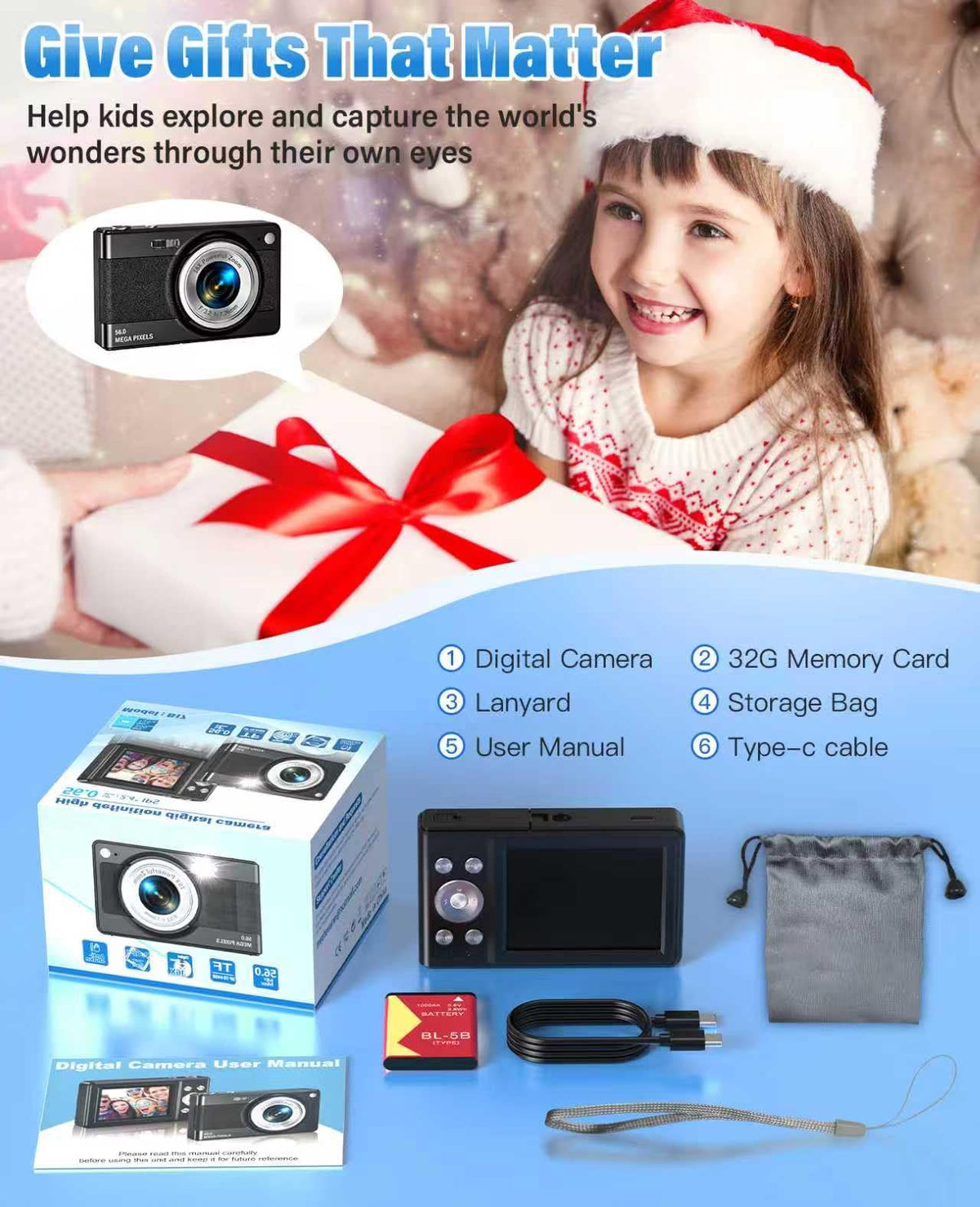 Bhagdaoe kids camera packaging and accessories for easy setup