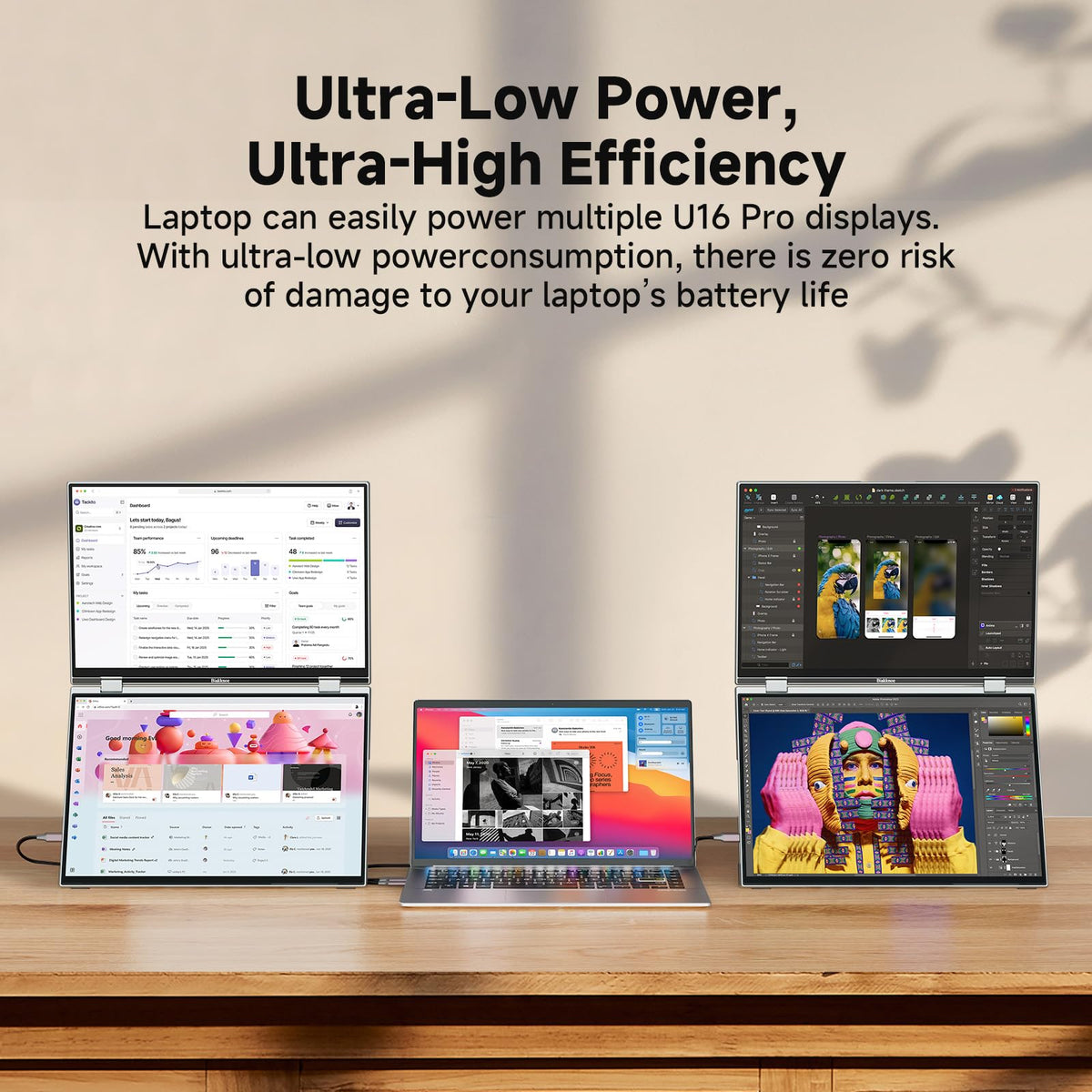 Biakknoe U16 Pro supports Extend, Mirror, and Portrait modes for flexibility.