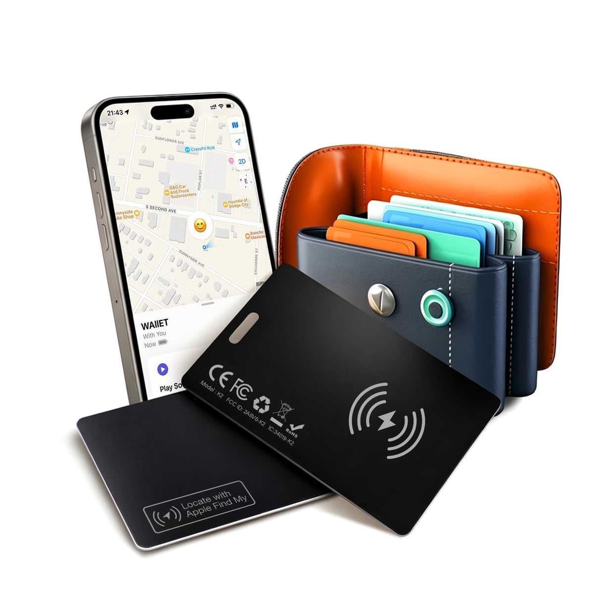 Bialeire ultra-thin wallet tracker card slipping into a slim card slot for discreet locating