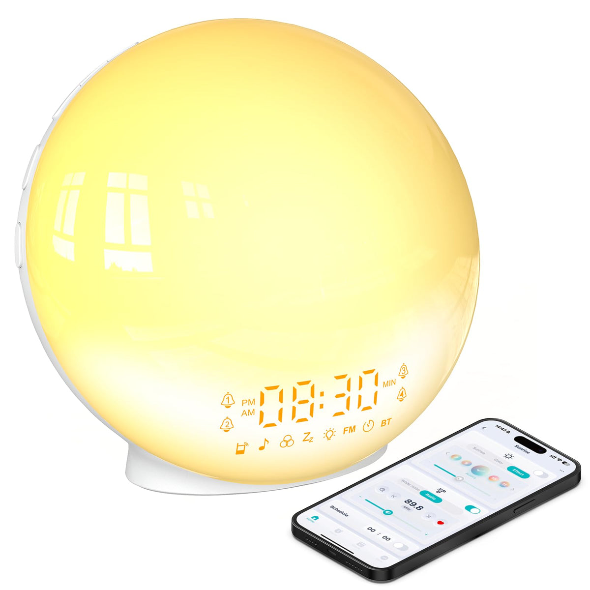 BIB_WJ smart sunrise alarm clock with gentle sunrise light for mornings.
