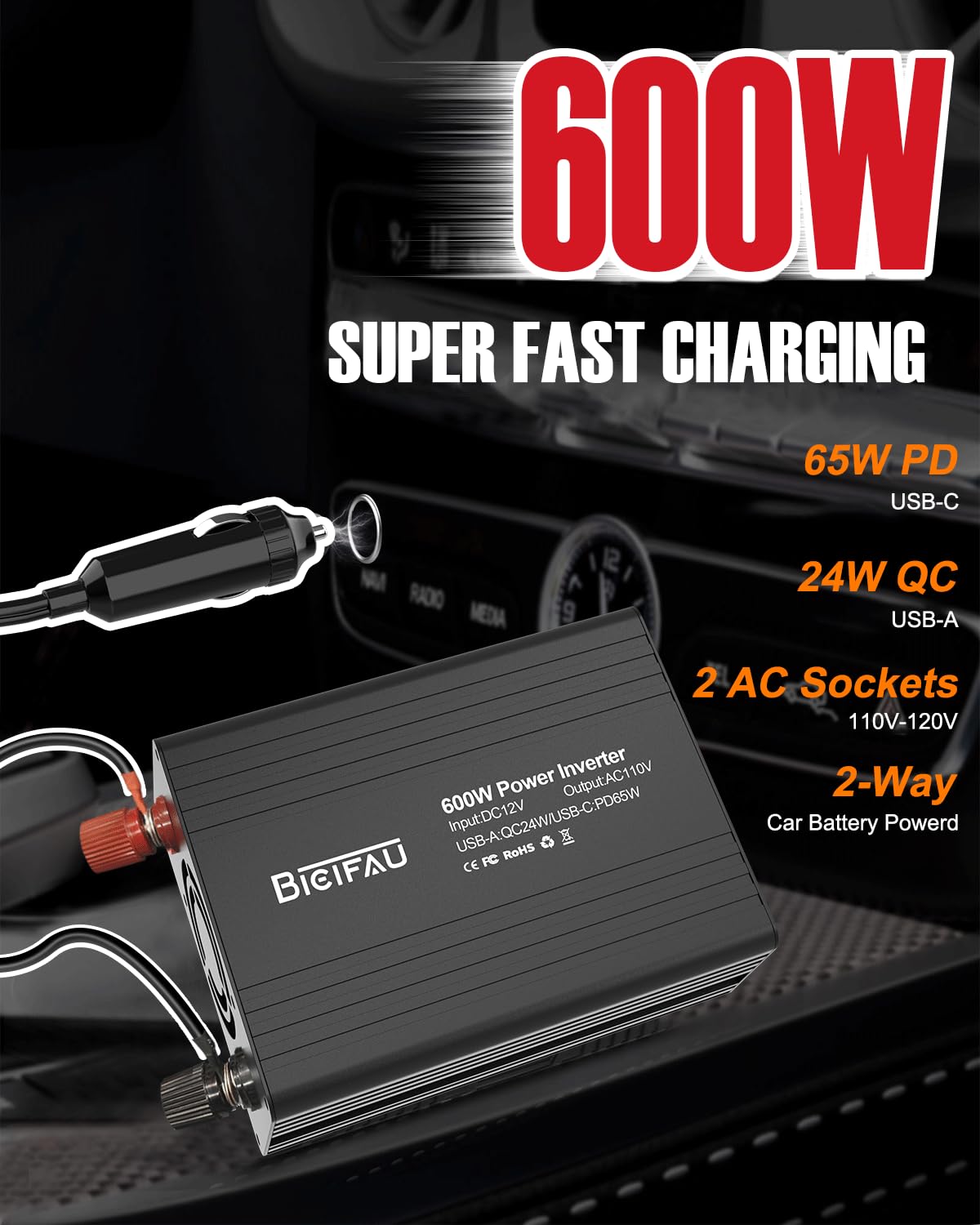 BieiFAU alligator clips attached to battery delivering high 600W output