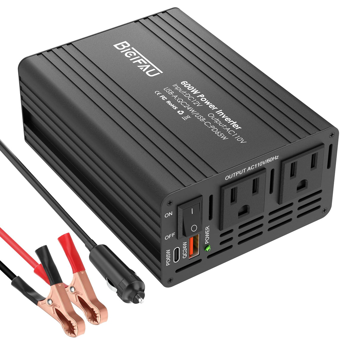 BieiFAU front panel showing AC outlets and USB ports for versatile power
