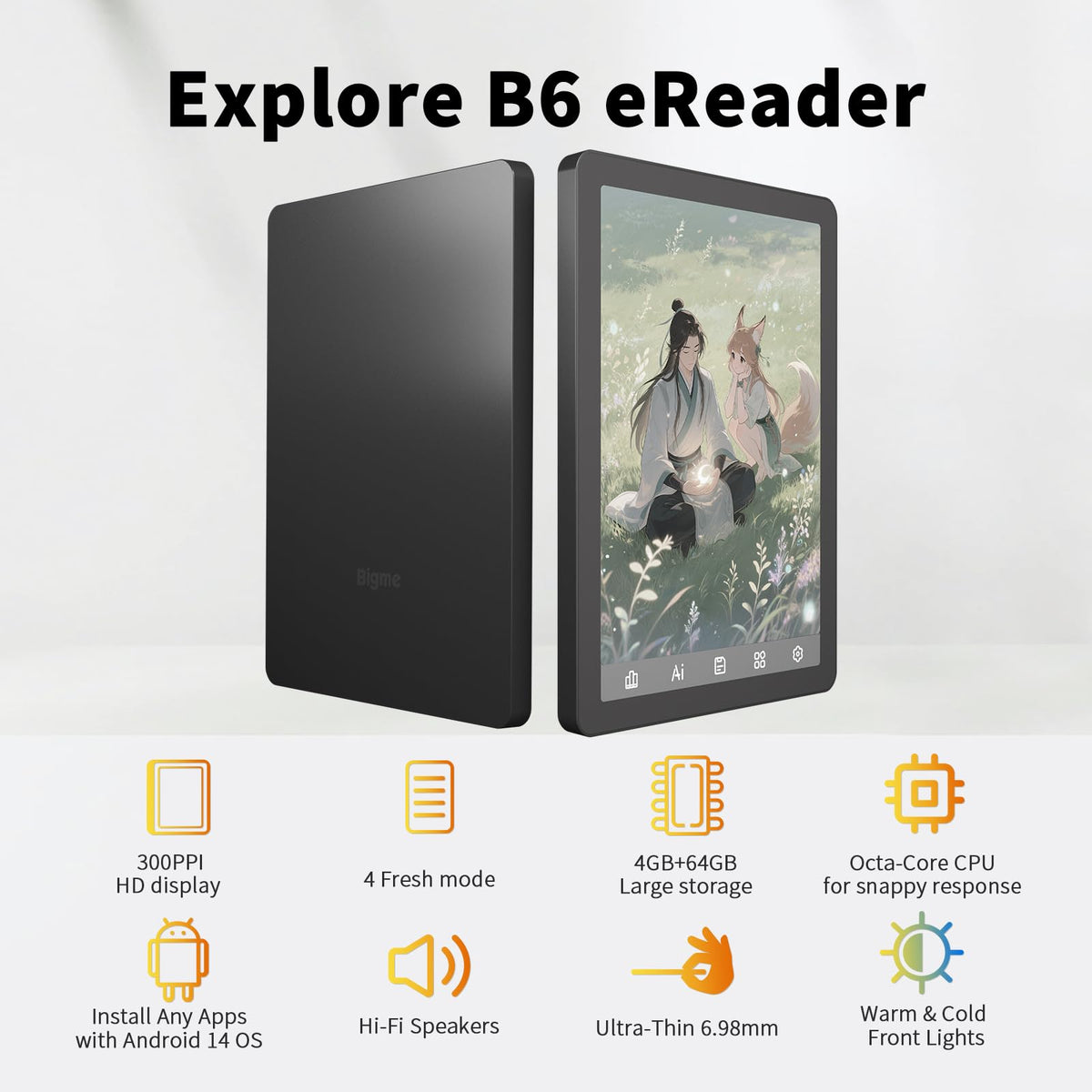 Bigme B6 color eReader back view showing slim 6.98 mm body for portability