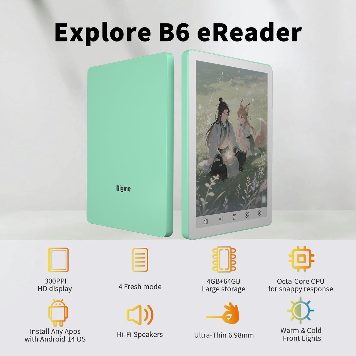 Bigme B6 green front view highlights portable design for reading on the go