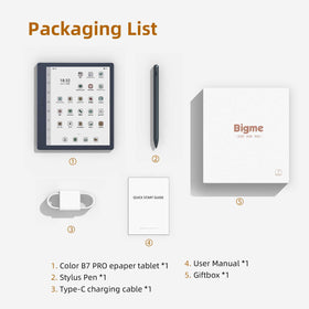 Packaging includes the Bigme B7 Pro Color eReader and accessories.