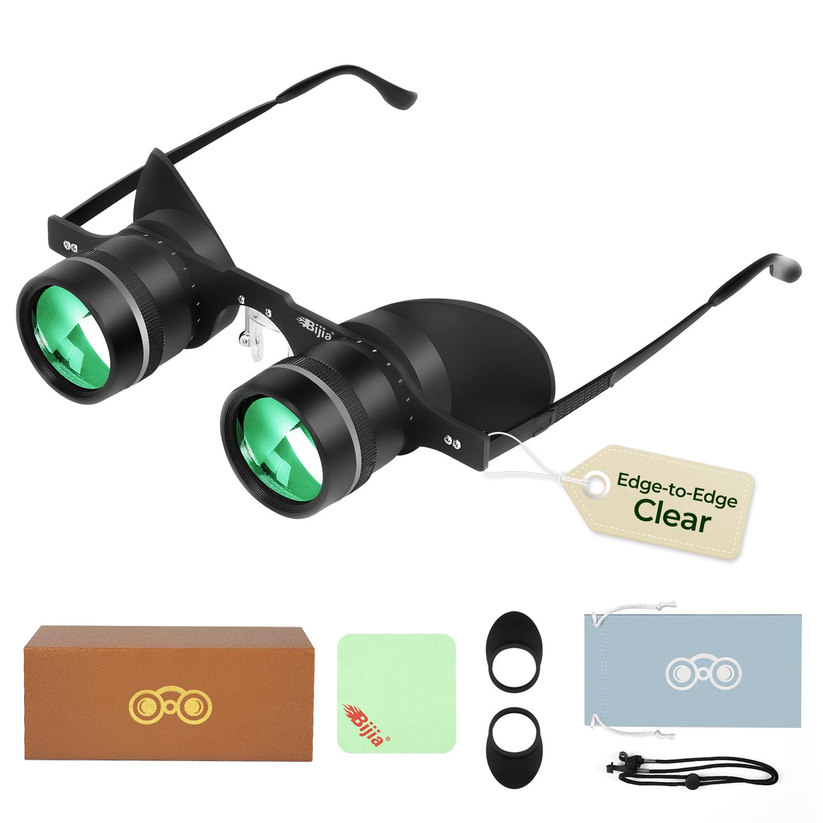 BIJIA front view of glasses showing wearable binoculars and clear optics benefit