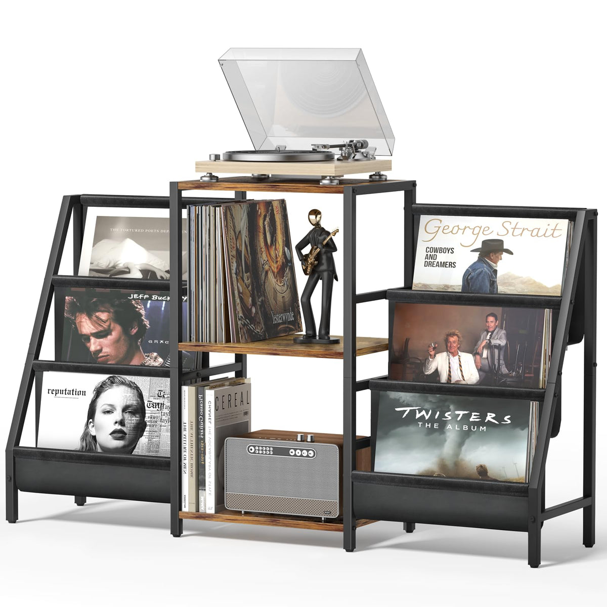 Bikoney record player stand with six-tier display keeps vinyls organized and accessible.