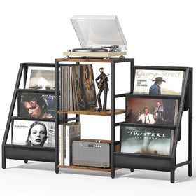 Bikoney record player stand with six-tier display keeps vinyls organized and accessible.