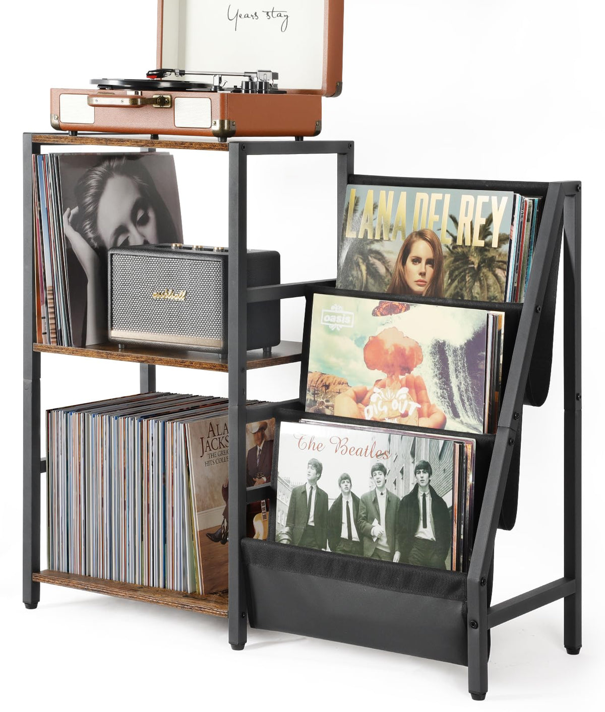 Bikoney record-player-stand top view showing organized turntable and storage
