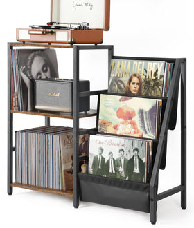 Bikoney record-player-stand top view showing organized turntable and storage