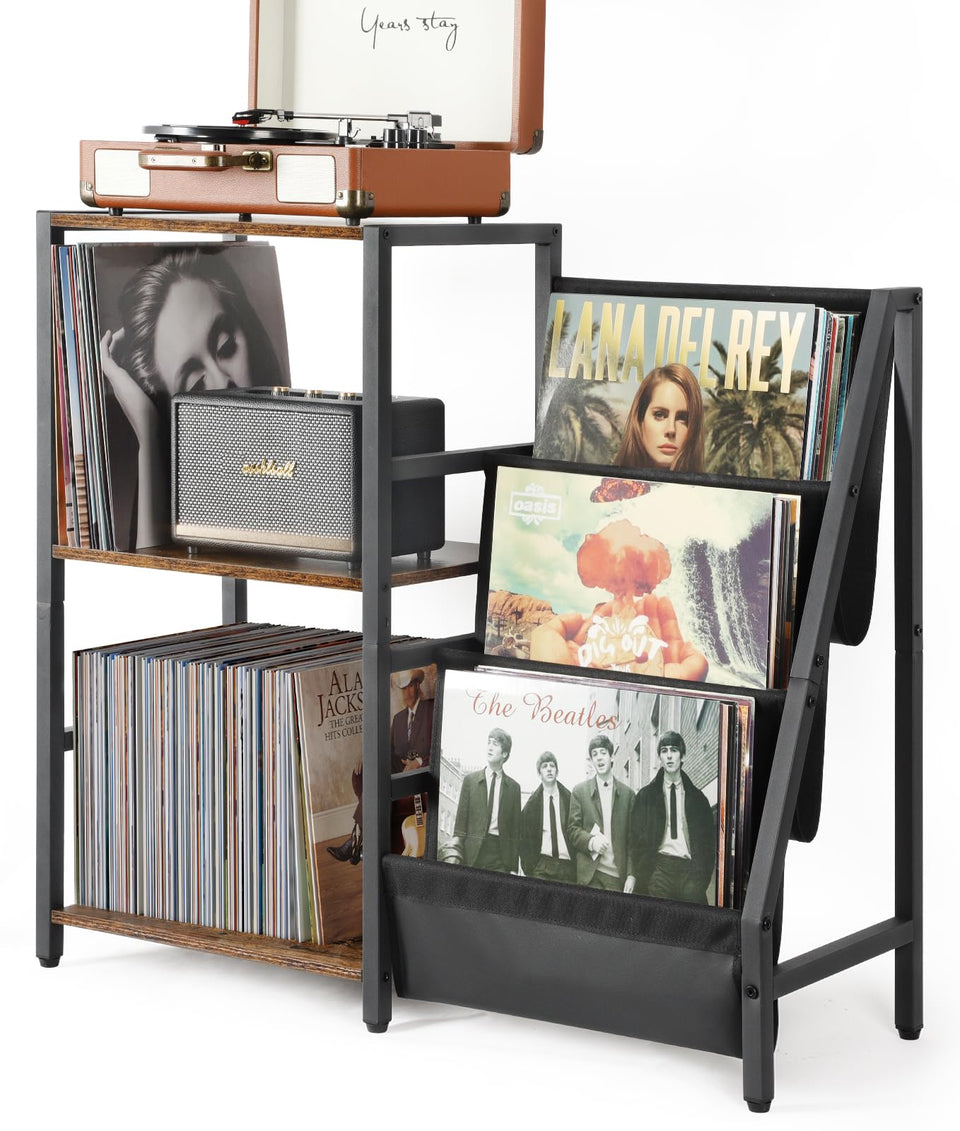 Bikoney record-player-stand top view showing organized turntable and storage
