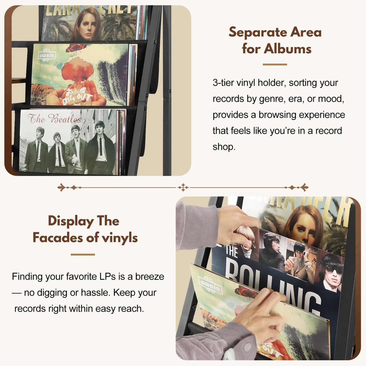 Bikoney sturdy wood and metal frame provides a stable setup for records