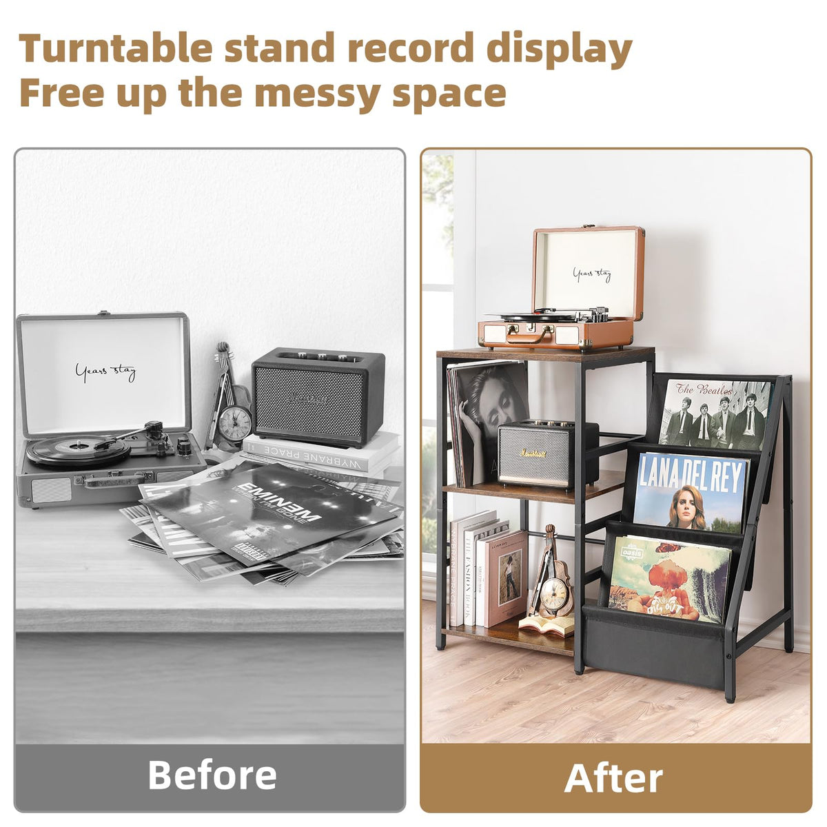 Bikoney Wood Texture Mid-Century Stand adds retro charm.