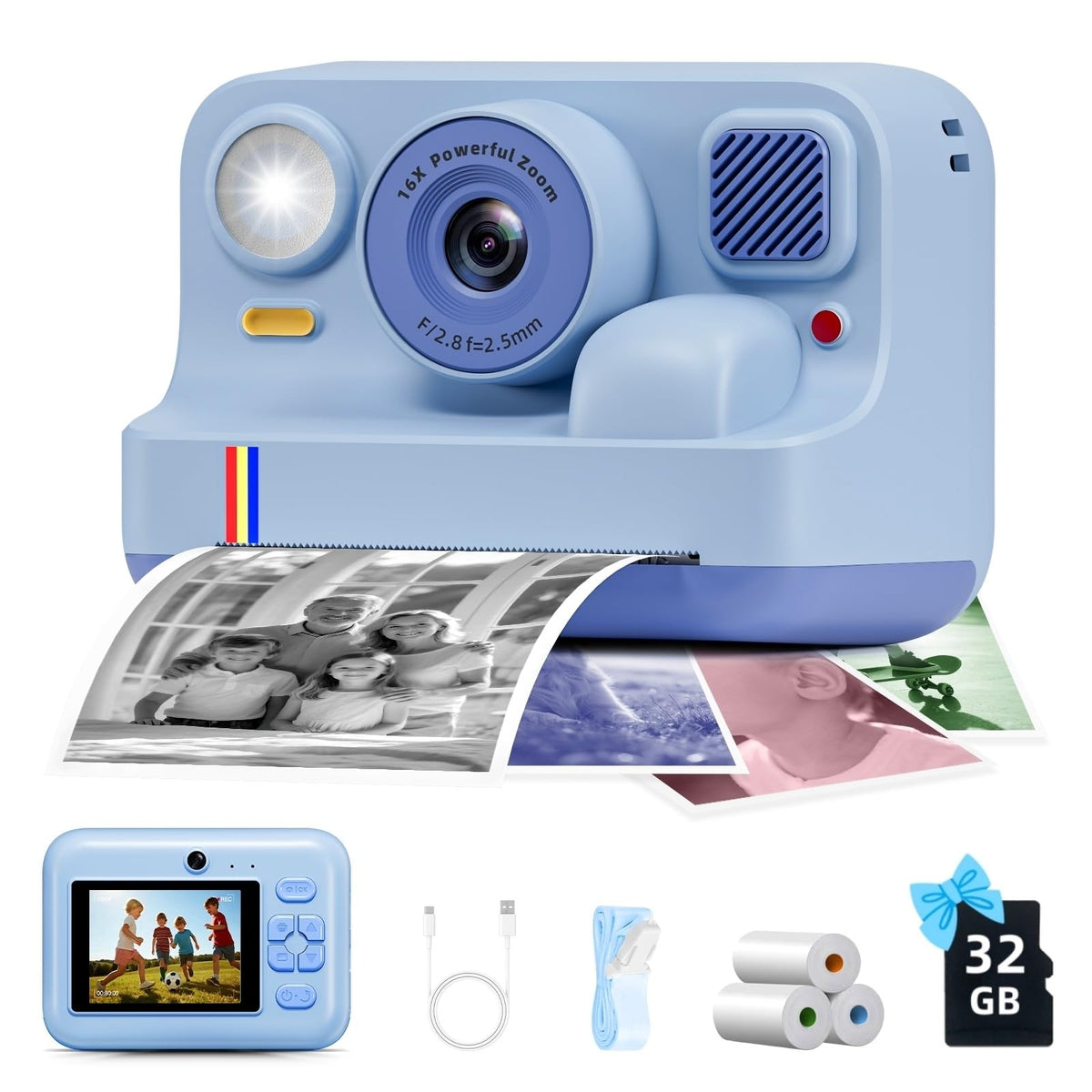 BILEBAK Instant Print Camera for Kids — front blue view, ideal for selfies.