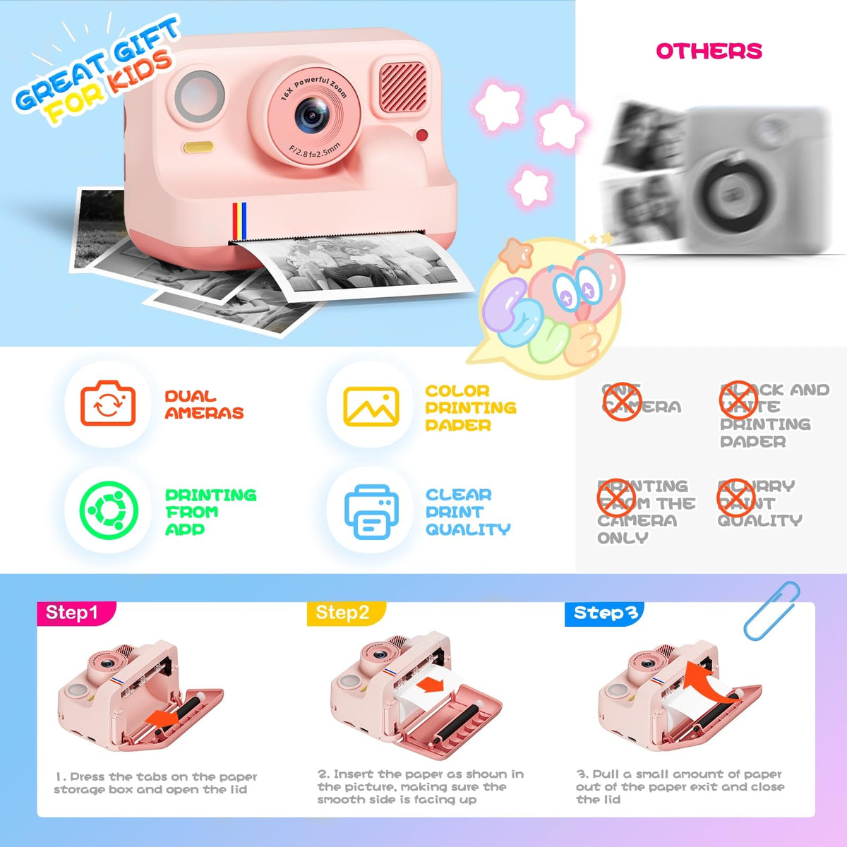 BILEBAK Instant Print Camera printing-in-action with colorful papers.