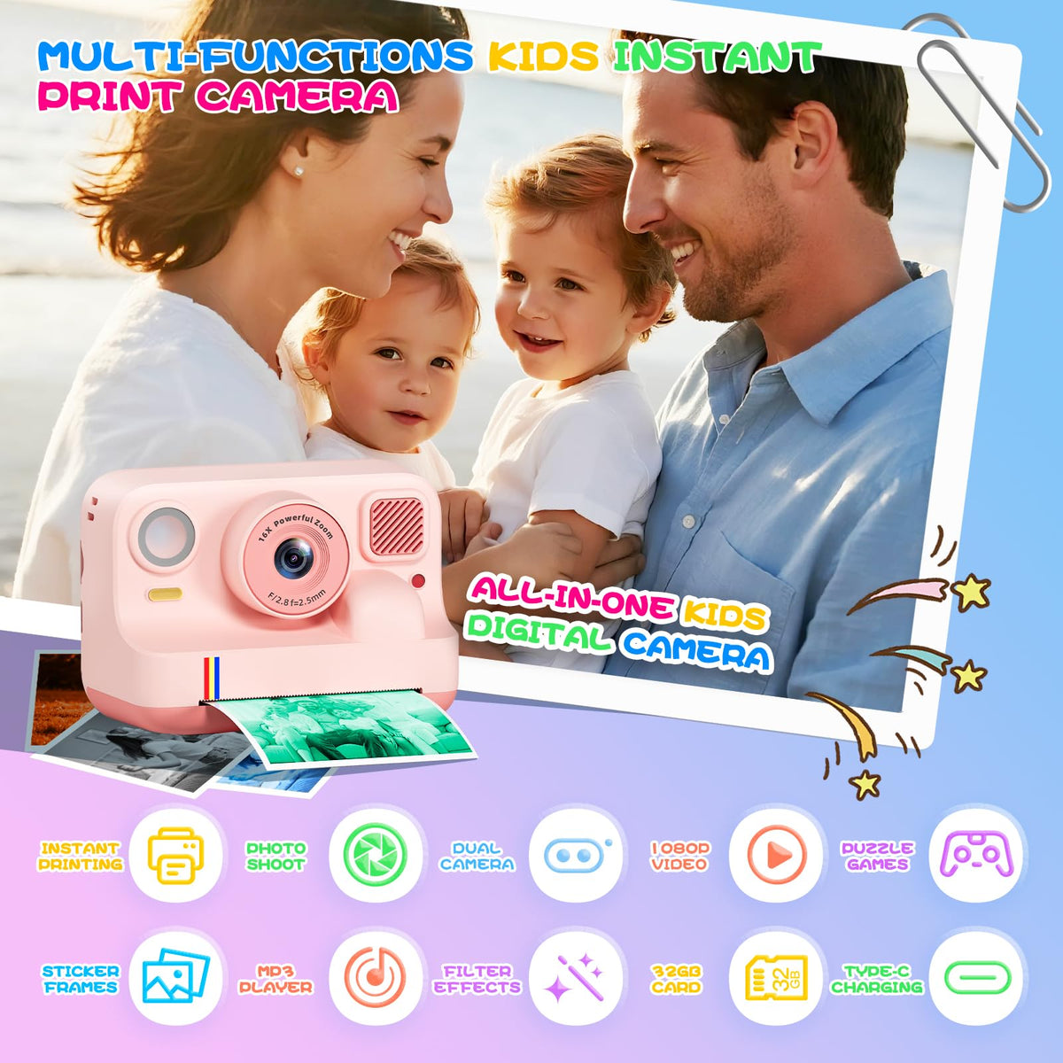 BILEBAK Instant Print Camera selfie mode enables quick, fun portraits for kids.