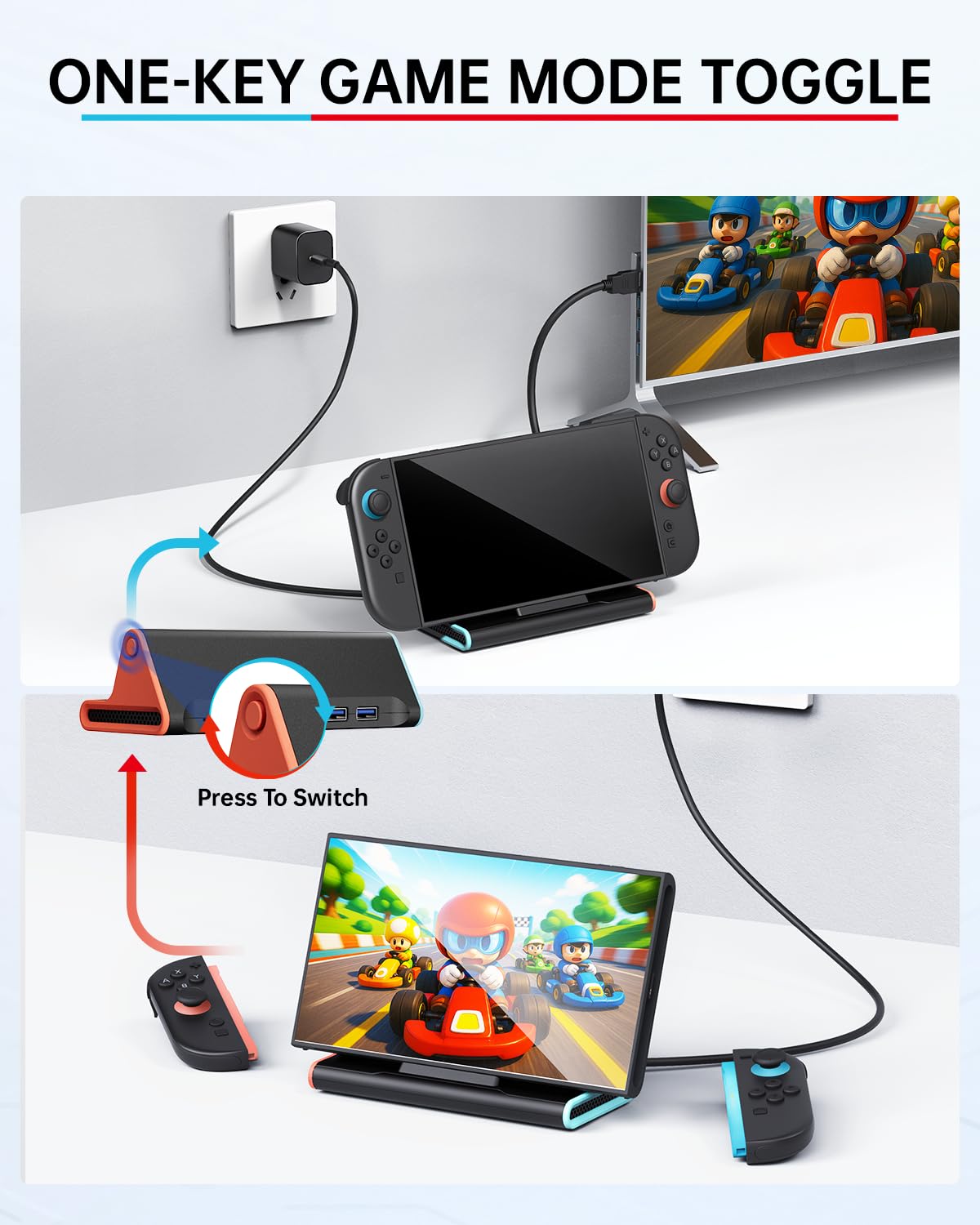 BINBOK VR Switch 2 Dock on a table for convenient tabletop gaming setup.