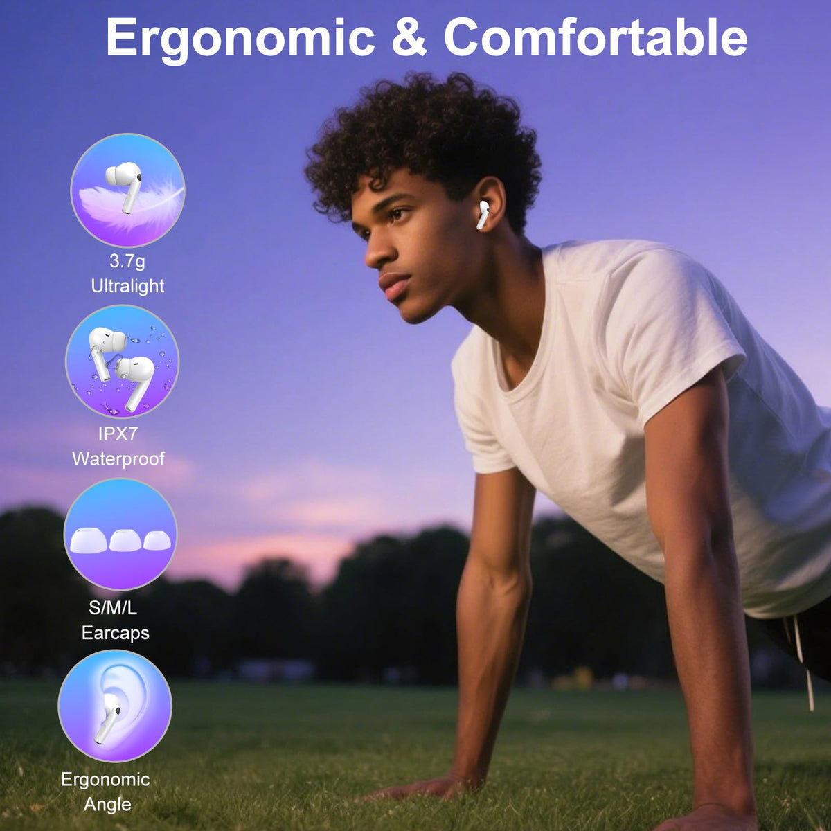 Binineew earbuds ergonomic fit with multiple silicone tips for comfort.