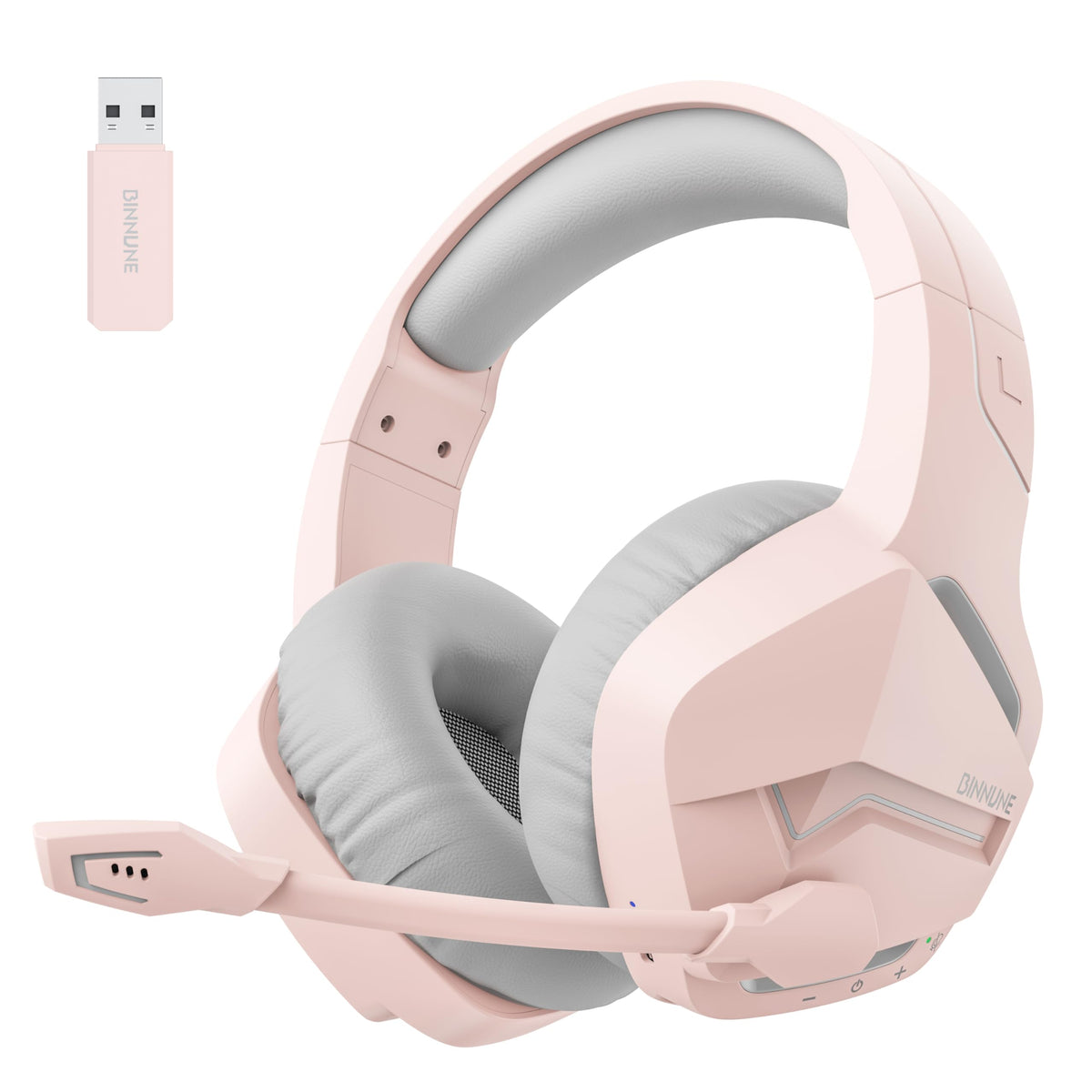 BINNUNE front view of pink headset showing controls and sleek design benefit: easy access