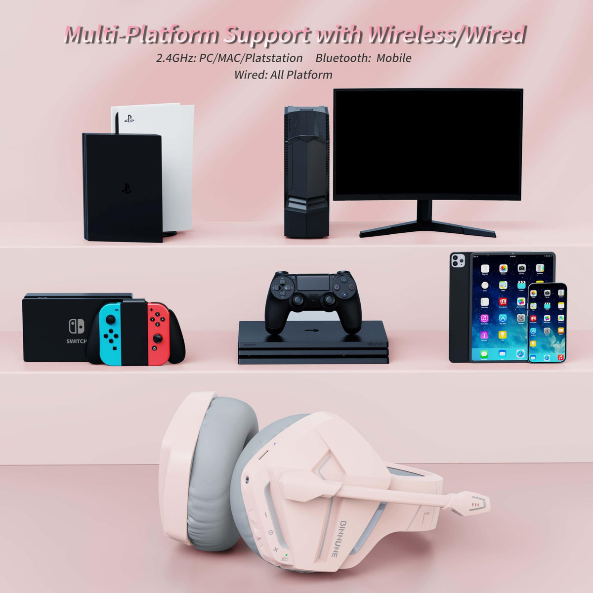 BINNUNE headset beside a PS5 controller showing scale benefit: compact console fit