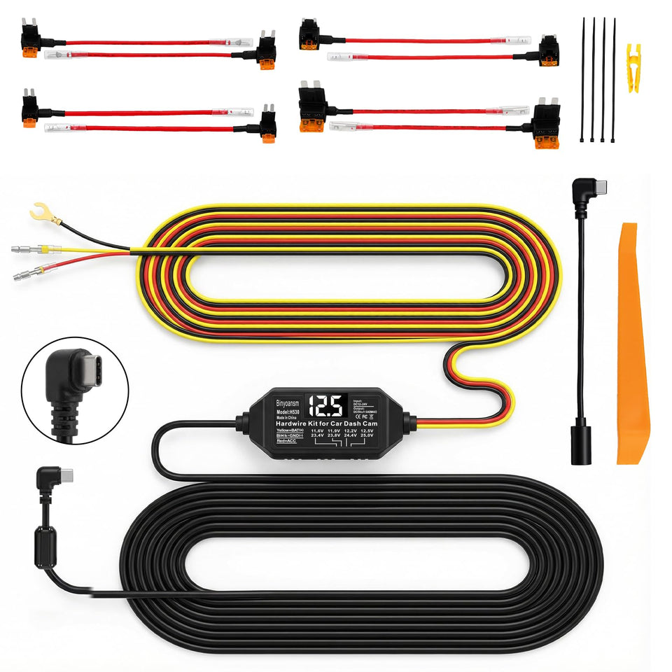 Binyoansm dash cam hardwire kit with LED voltage display for quick battery status.