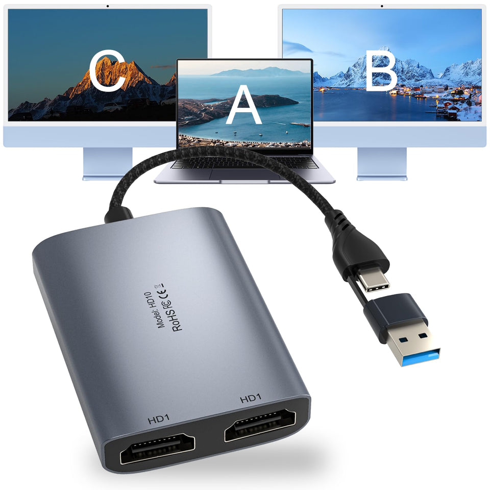 BINZET adapter front view showing dual HDMI ports and USB connector, boosts productivity