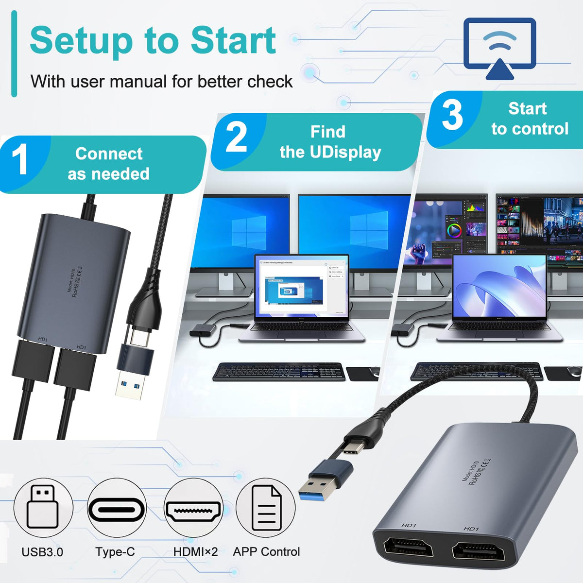 BINZET adapter used with Windows laptop and dual screens, enables multitasking power