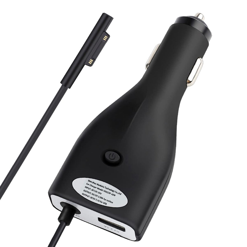 BINZET Surface car charger plugged into a car powering a Surface Pro on the go.