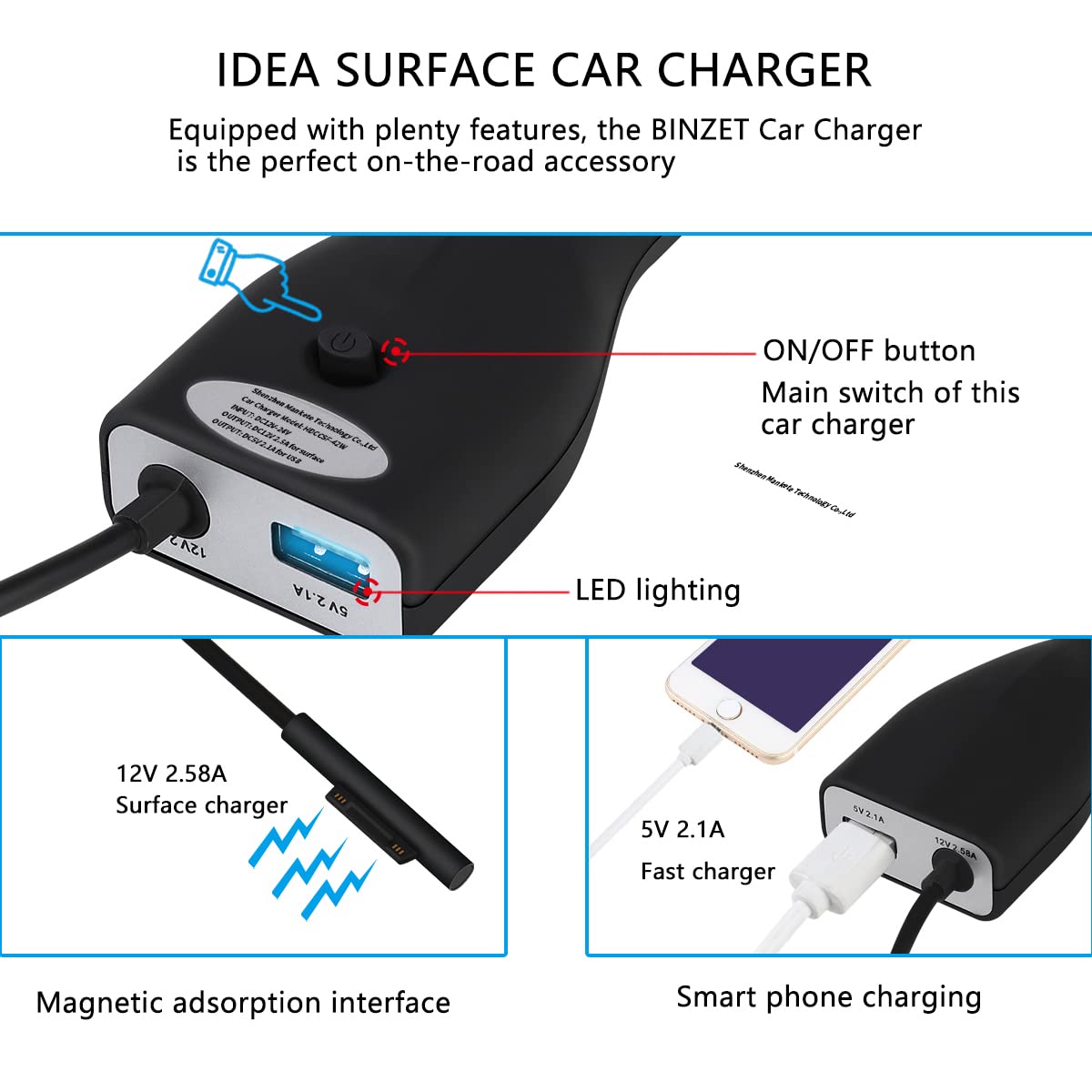 BINZET USB quick charge port powering a tablet or phone while the Surface charges.