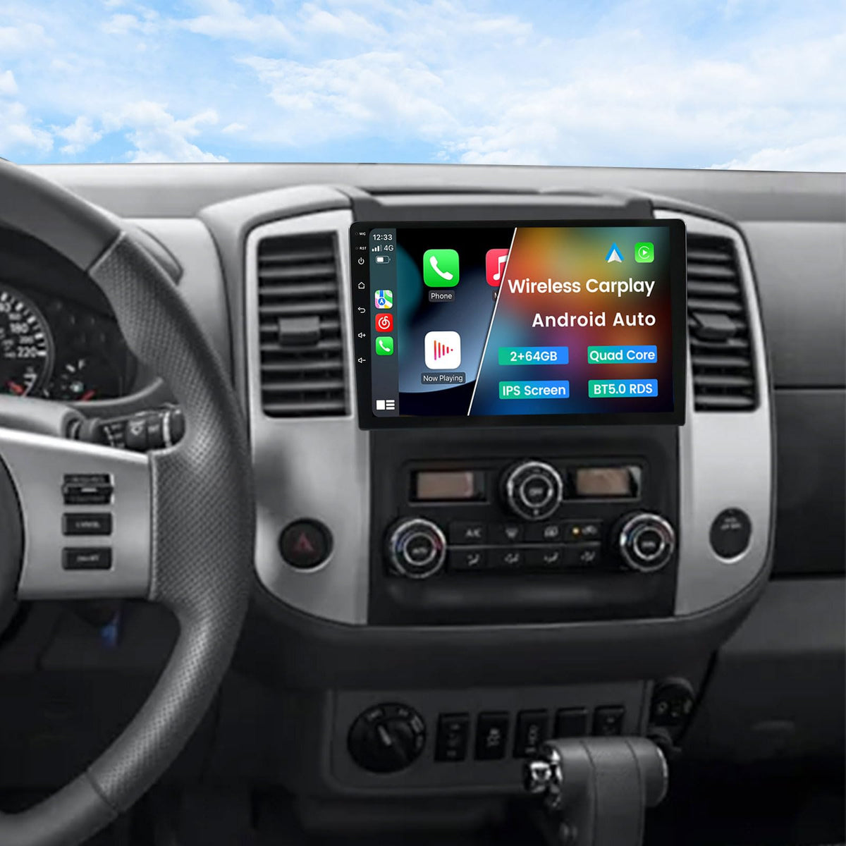 Biorunn 9-inch IPS dashboard display showing navigation and media options for Nissan Frontier.