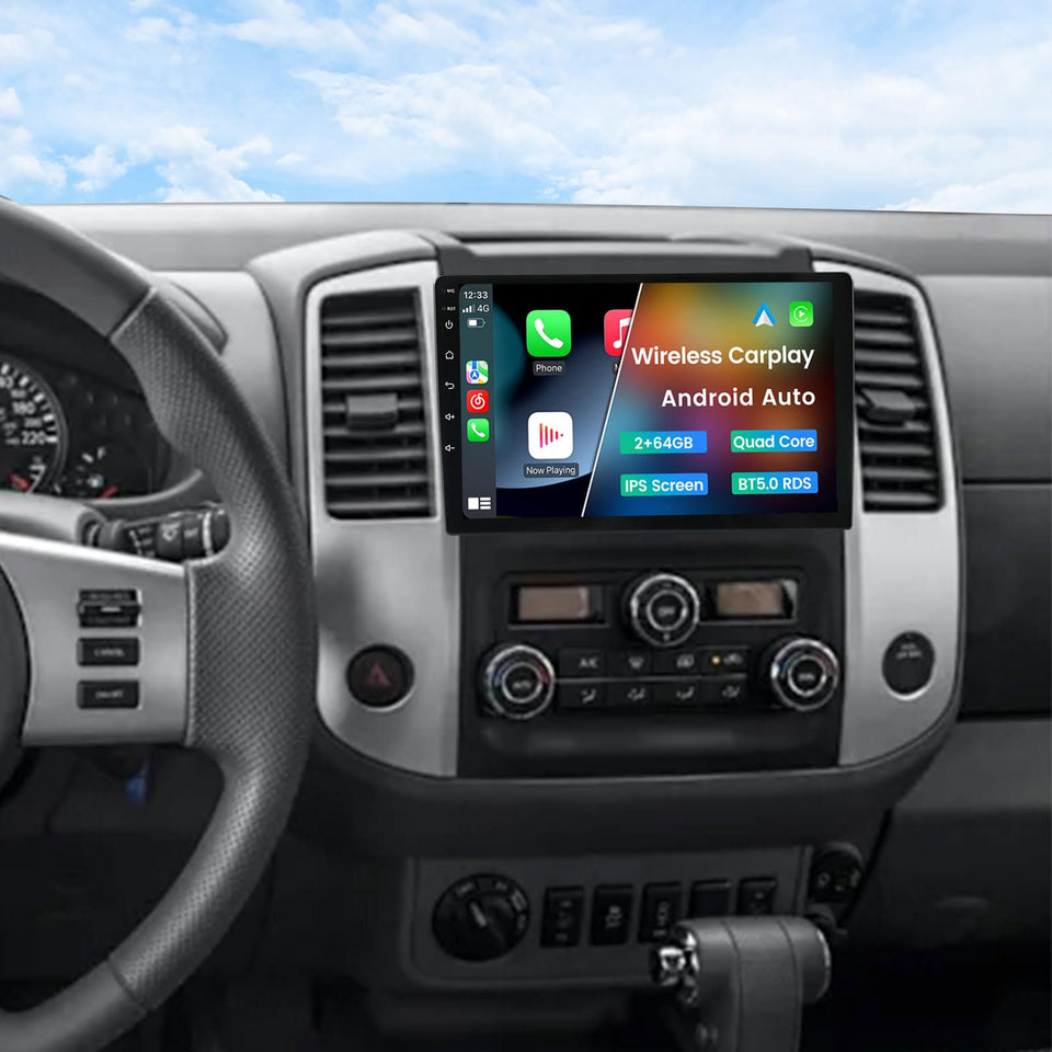 Biorunn 9-inch IPS dashboard display showing navigation and media options for Nissan Frontier.