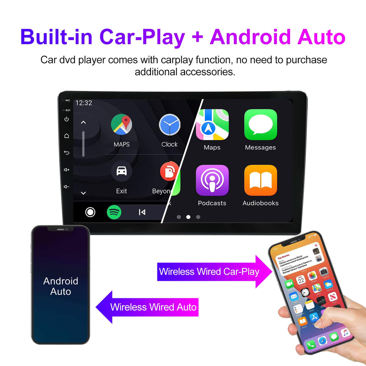 Biorunn wireless CarPlay and Android Auto interface on the 9 inch screen.