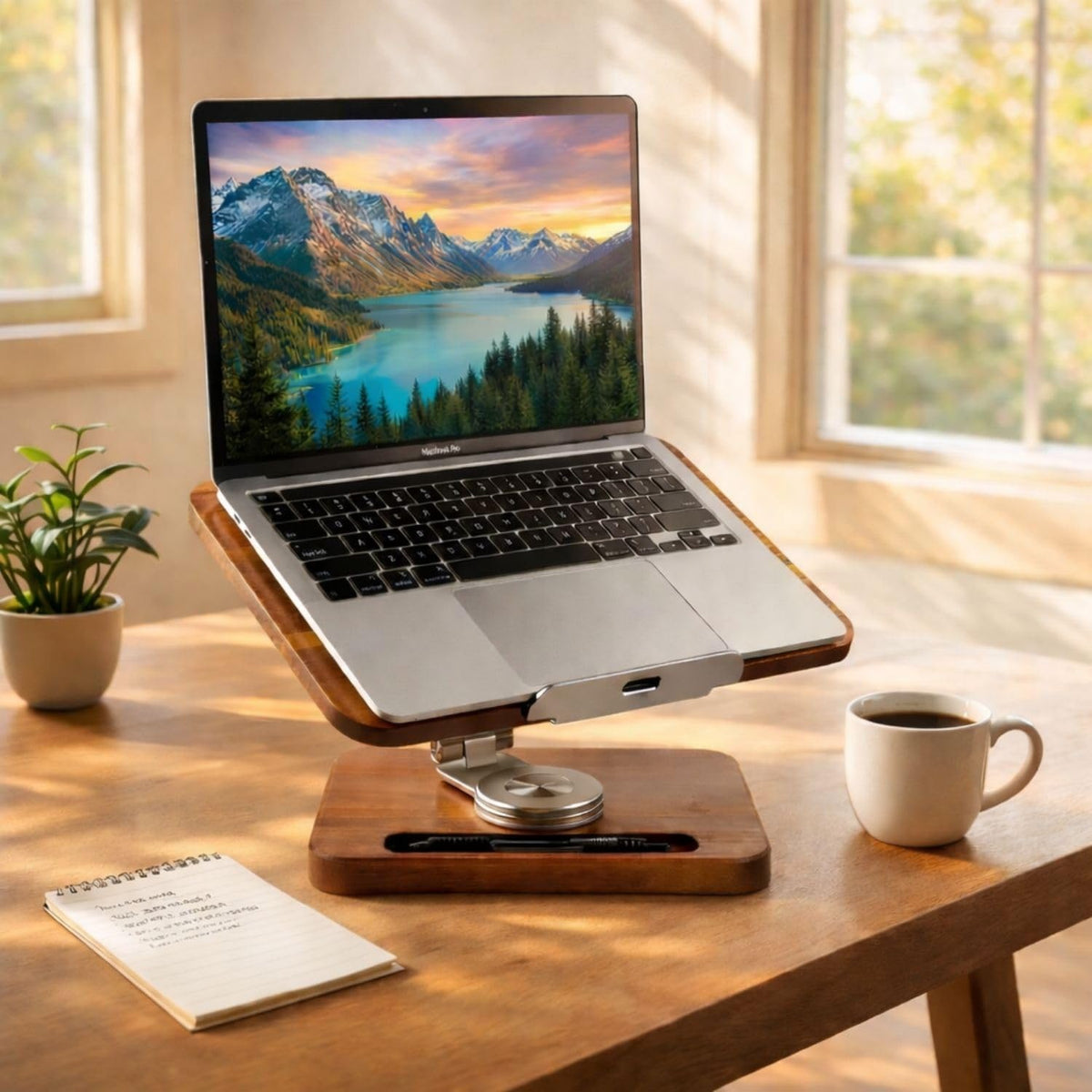 Birchline wooden base enables smooth rotation for flexible screen angles.
