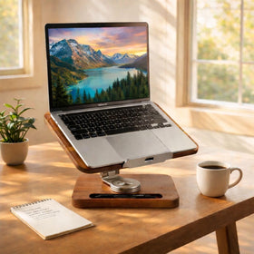 Birchline wooden base enables smooth rotation for flexible screen angles.