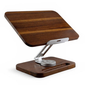 Birchline wooden laptop stand with 360° rotation for ergonomic viewing.