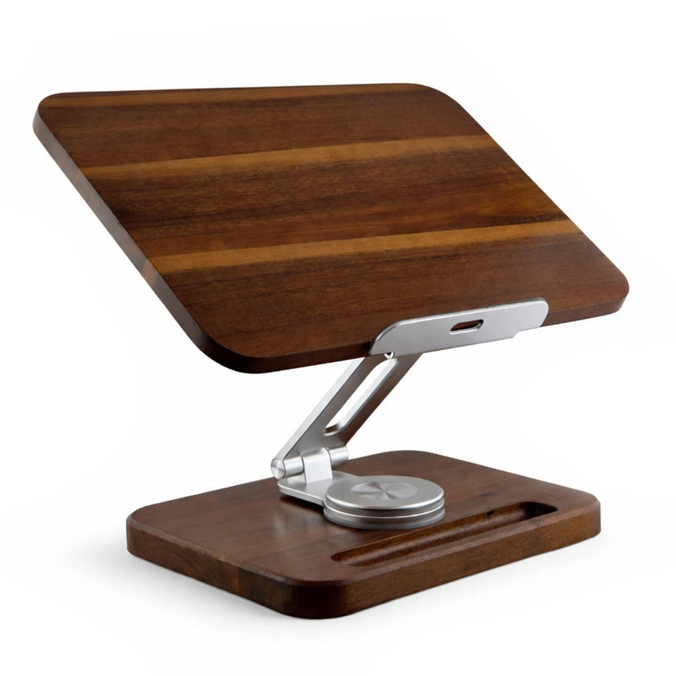 Birchline wooden laptop stand with 360° rotation for ergonomic viewing.
