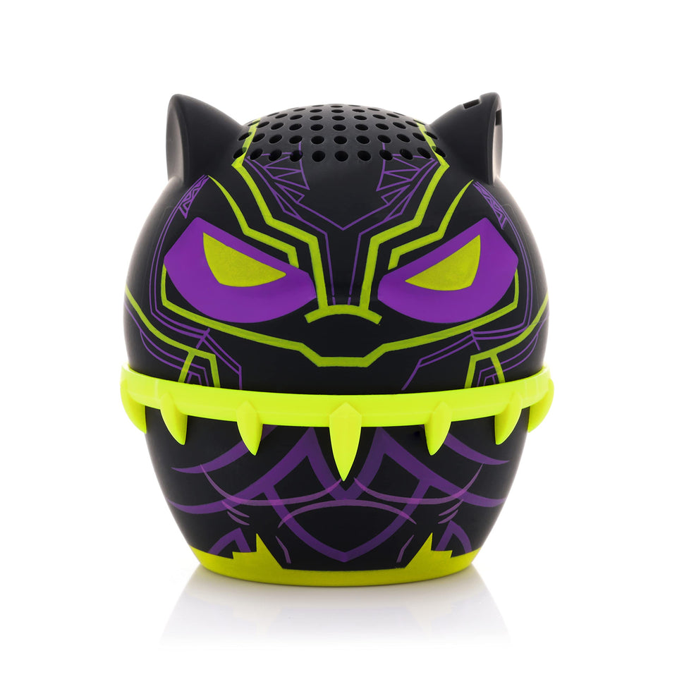 Bitty Boomers Black Panther front view showing Marvel design and portable speaker benefit