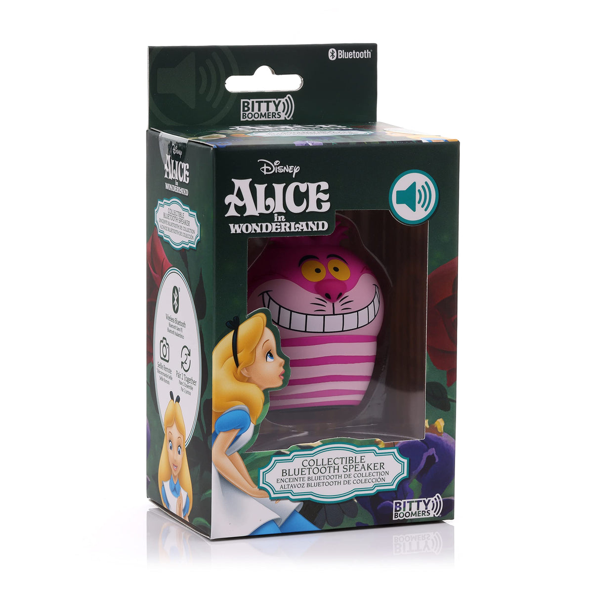 Bitty Boomers Disney Cheshire Cat mini speaker with backpack clip for secure carry.