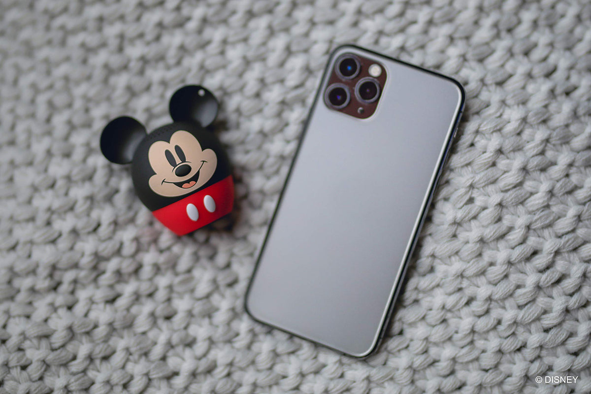 Bitty Boomers Disney Mickey mini speaker back view, strap-ready for backpack adventures