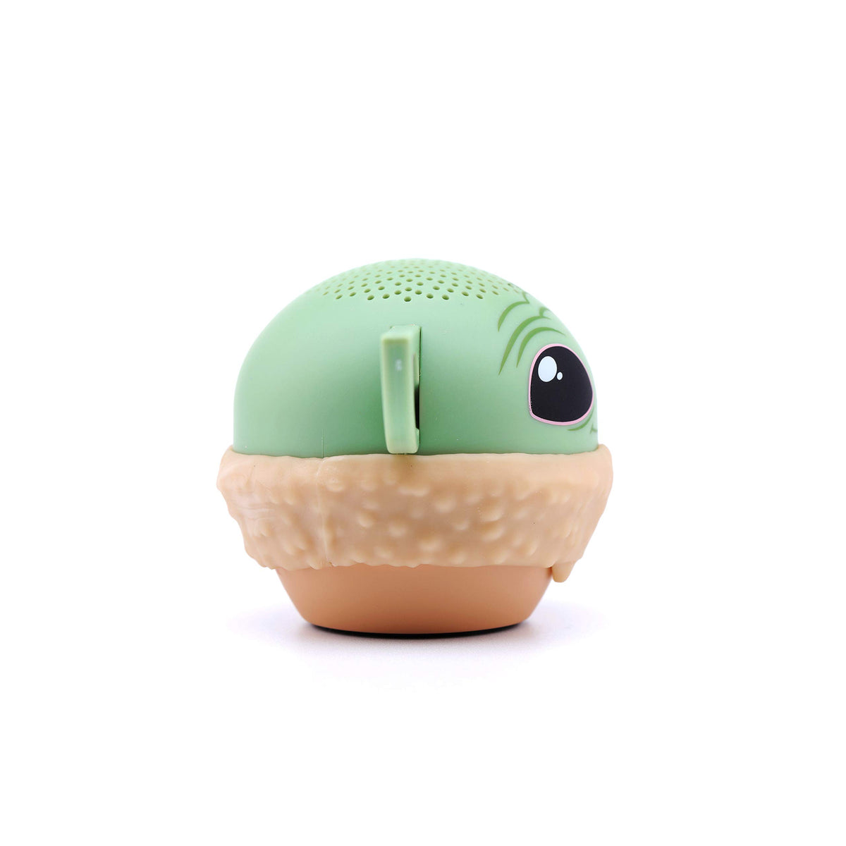 Bitty Boomers Grogu clipped to a backpack showing portability and hands-free listening benefit
