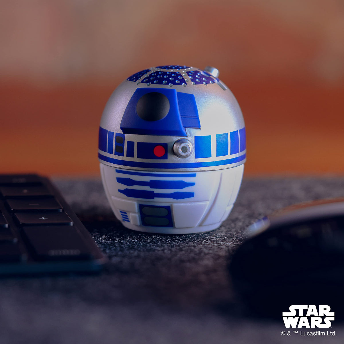 Bitty Boomers R2-D2 mini speaker back view, lightweight clip-ready for backpacks