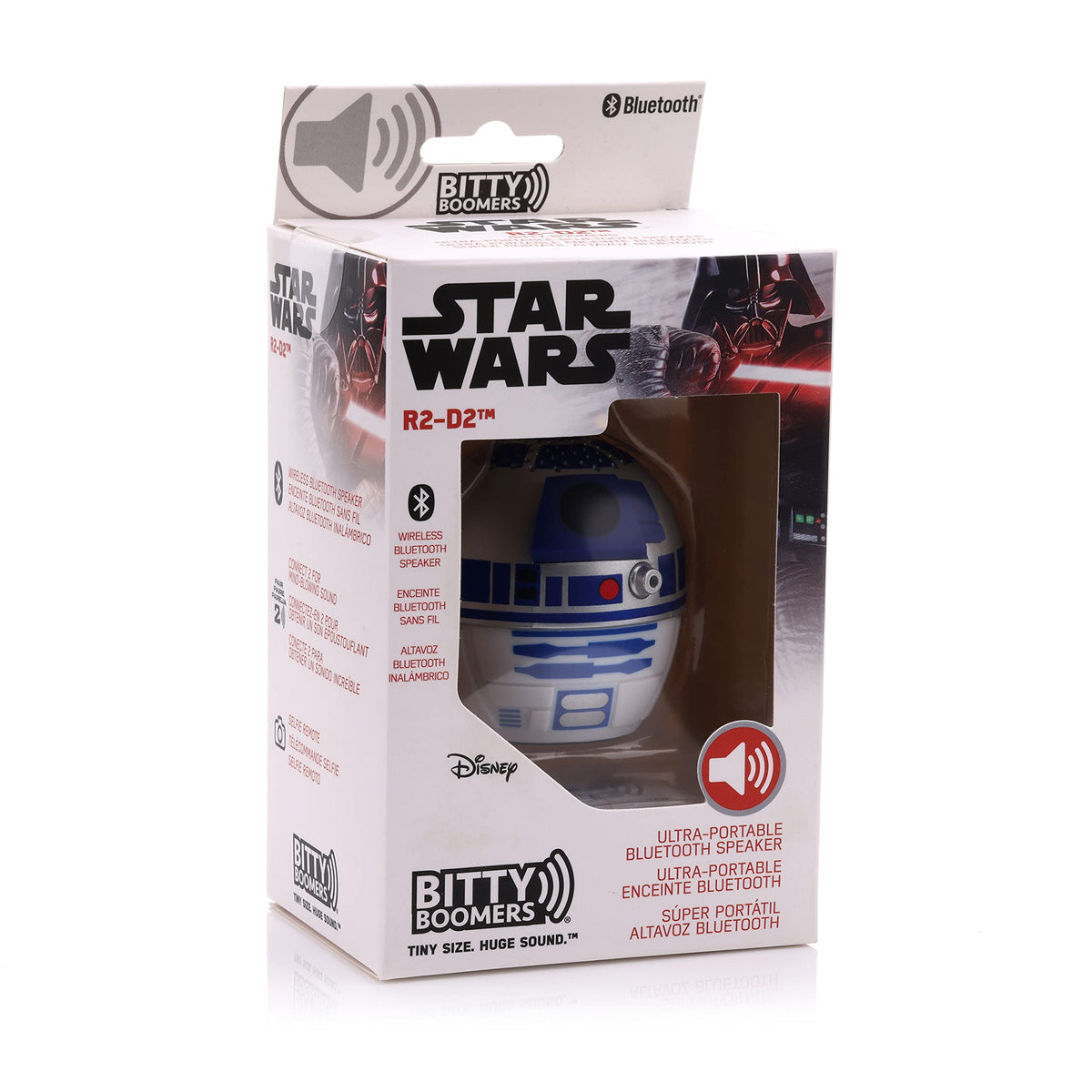Bitty Boomers R2-D2 mini speaker side view, compact Bluetooth for travel