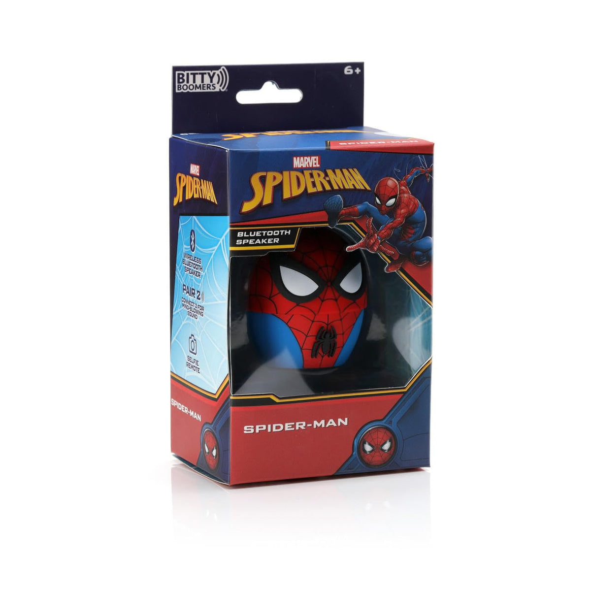 Two Bitty Boomers Spider-Man mini speakers paired for true wireless stereo play.