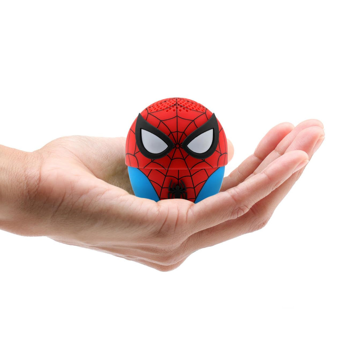 Bitty Boomers Spider-Man mini speaker side view, easy to stash for commutes.