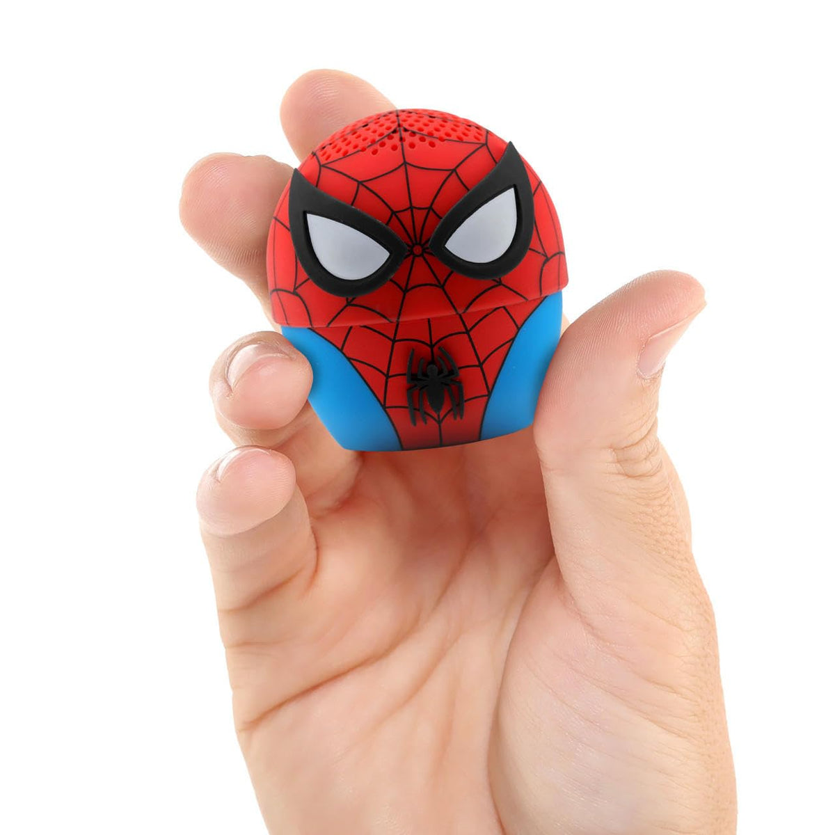 Bitty Boomers Spider-Man mini speaker with strap, secure attachment to backpack included.