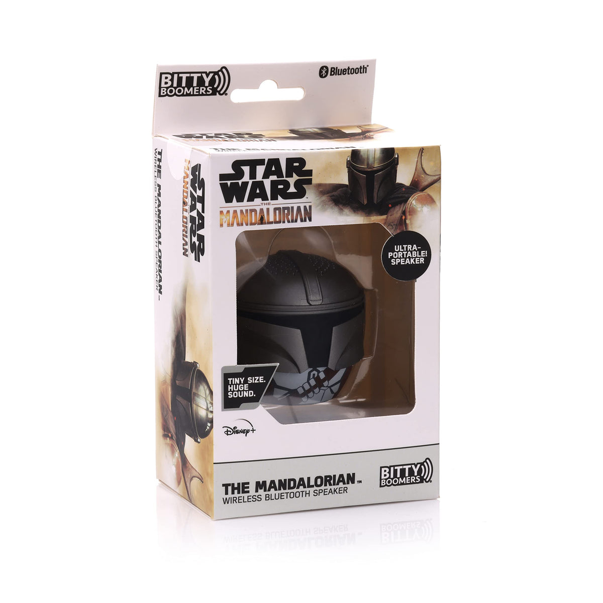 Bitty Boomers Star Wars Chrome Mandalorian back view with backpack clip for on-the-go listening.
